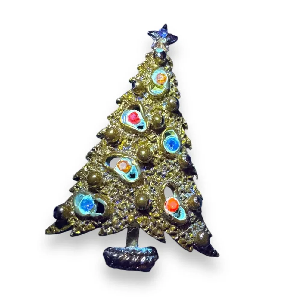 Mode Art Arthur Pepper Christmas Tree Brooch Pin Gold Tone Rhinestone Accents
